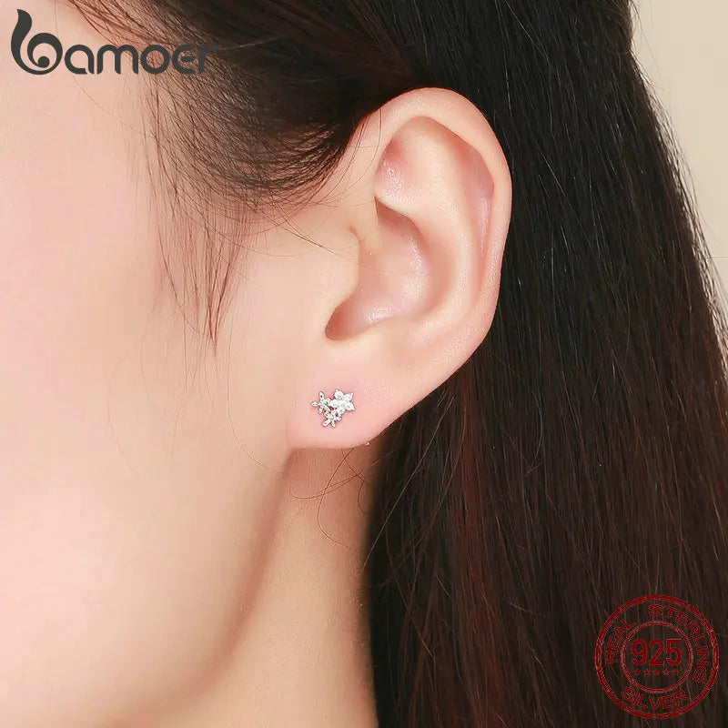 BAMOER Authentic 925 Sterling Silver Luminous Gypsophila Star Flower Stud Earrings for Women Sterling Silver Jewelry BSE030