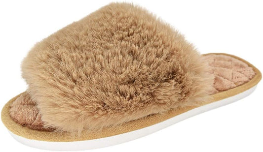 HUMIWA Women's Fuzzy Fur Flat Slippers - Soft Open Toe Memory Foam Sandals for Indoor and Outdoor Use