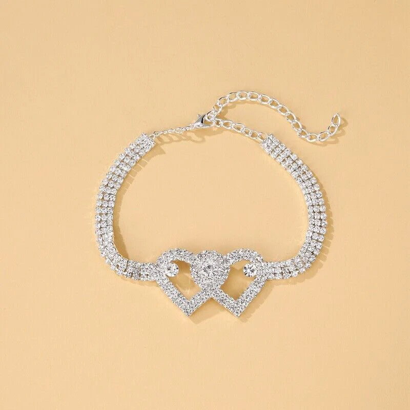 Double Heart Anklet Bracelet Love Barefoot Chain Bling Crystal Ankle Bracelet US