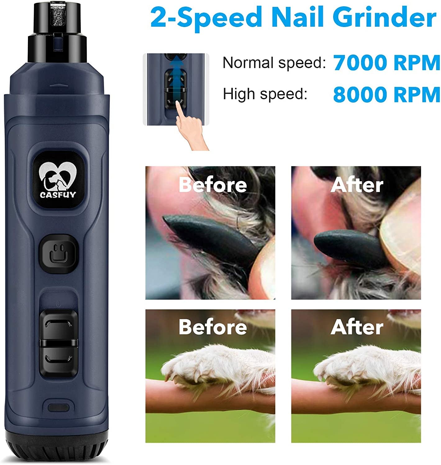 Casfuy Dog Nail Grinder with 2 LED Light - New Version 2-Speed Powerful Electric Pet Nail Trimmer Professional Quiet Painless Paws Grooming & Smoothing for Small Medium Large Dogs and Cats (Blue)