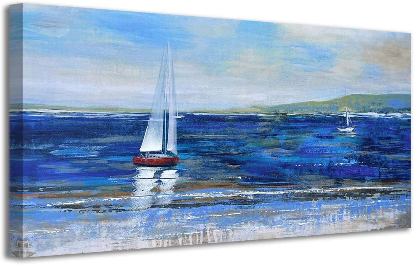 Blue Abstract Canvas Wall Art Seascape Painting Landscape Picture Textured Navy Blue Modern Sailboat Ocean Artwork Framed for Living Room Bedroom Bathroom Home Office Wall Decor, Large 40"X20"