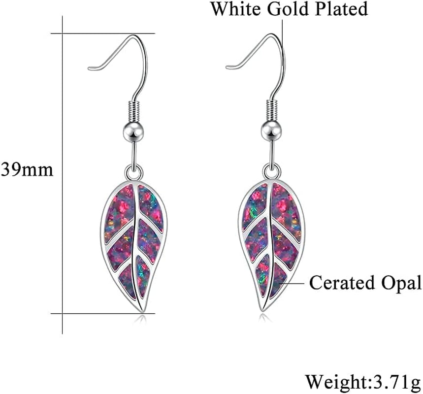 18K White Gold Plated Leaf Opal Dangle Drop Earrings for Women Teen Girls Hypoallergenic Opal Jewelry Gift