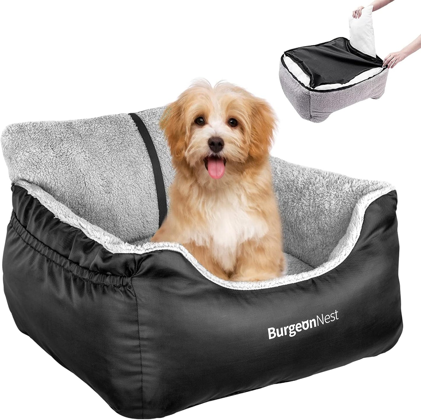 Burgeonnest Dog Car Seat for Small Dogs, Fully Detachable and Washable Dog Carseats Small under 25, Soft Dog Booster Seats with Storage Pockets and Clip-On Leash Portable Dog Car Travel Carrier Bed