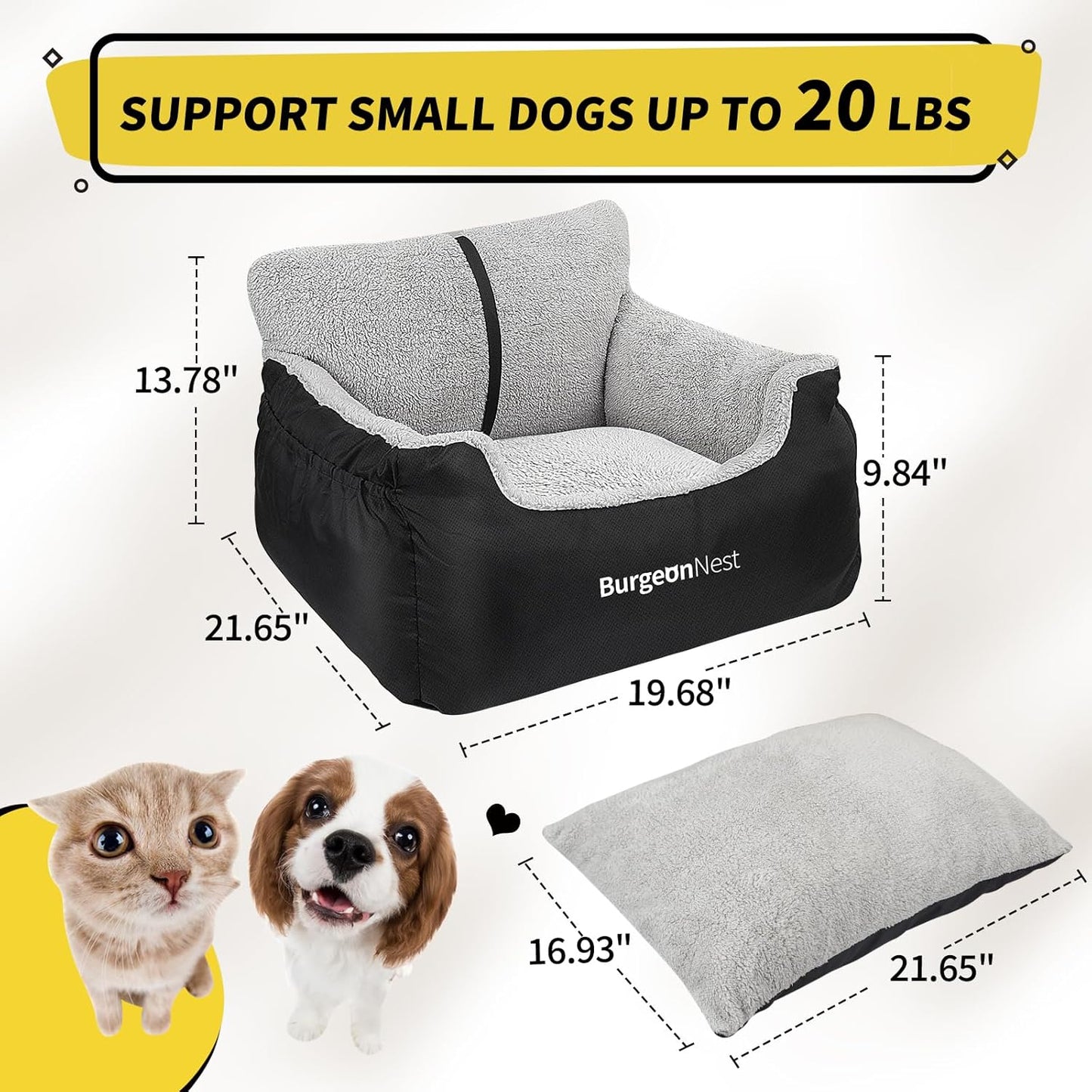 Burgeonnest Dog Car Seat for Small Dogs, Fully Detachable and Washable Dog Carseats Small under 25, Soft Dog Booster Seats with Storage Pockets and Clip-On Leash Portable Dog Car Travel Carrier Bed