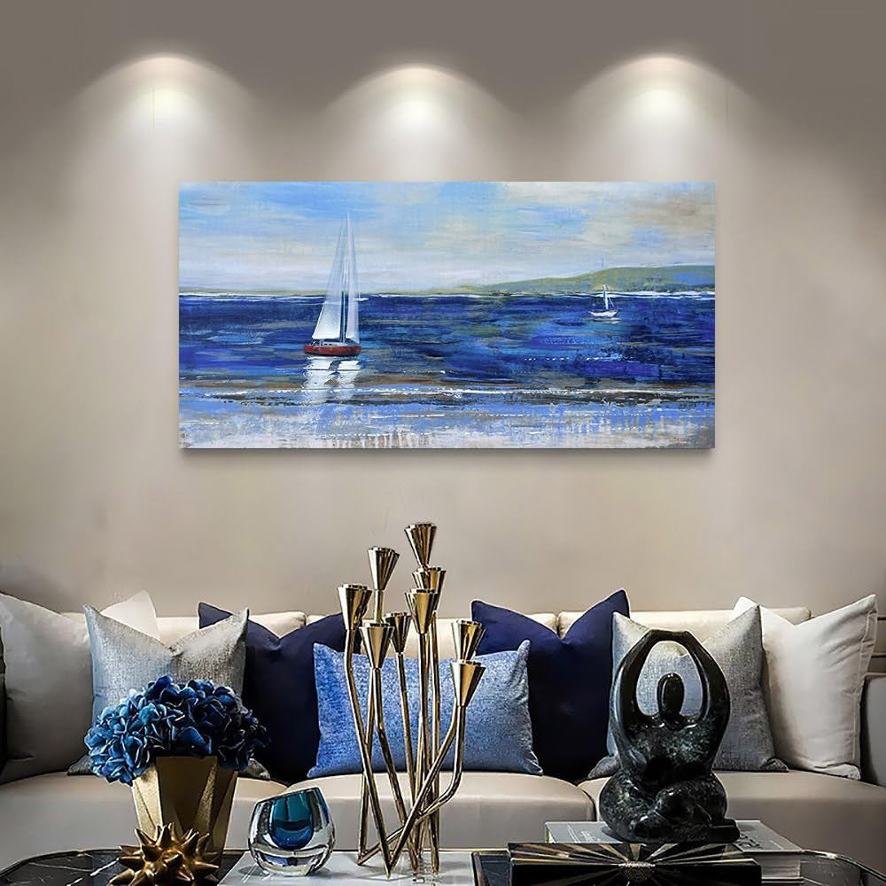 Blue Abstract Canvas Wall Art Seascape Painting Landscape Picture Textured Navy Blue Modern Sailboat Ocean Artwork Framed for Living Room Bedroom Bathroom Home Office Wall Decor, Large 40"X20"