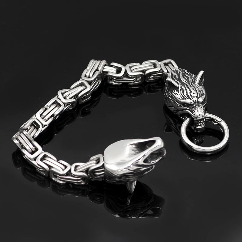 Men's Stainless Steel Viking Wolf Head Bracelet Vintage Personality Thick Chain Biker Punk Hip Hop Wristband Jewelry Gift