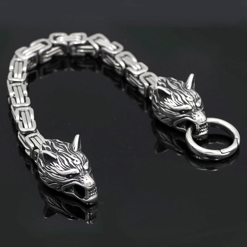 Men's Stainless Steel Viking Wolf Head Bracelet Vintage Personality Thick Chain Biker Punk Hip Hop Wristband Jewelry Gift