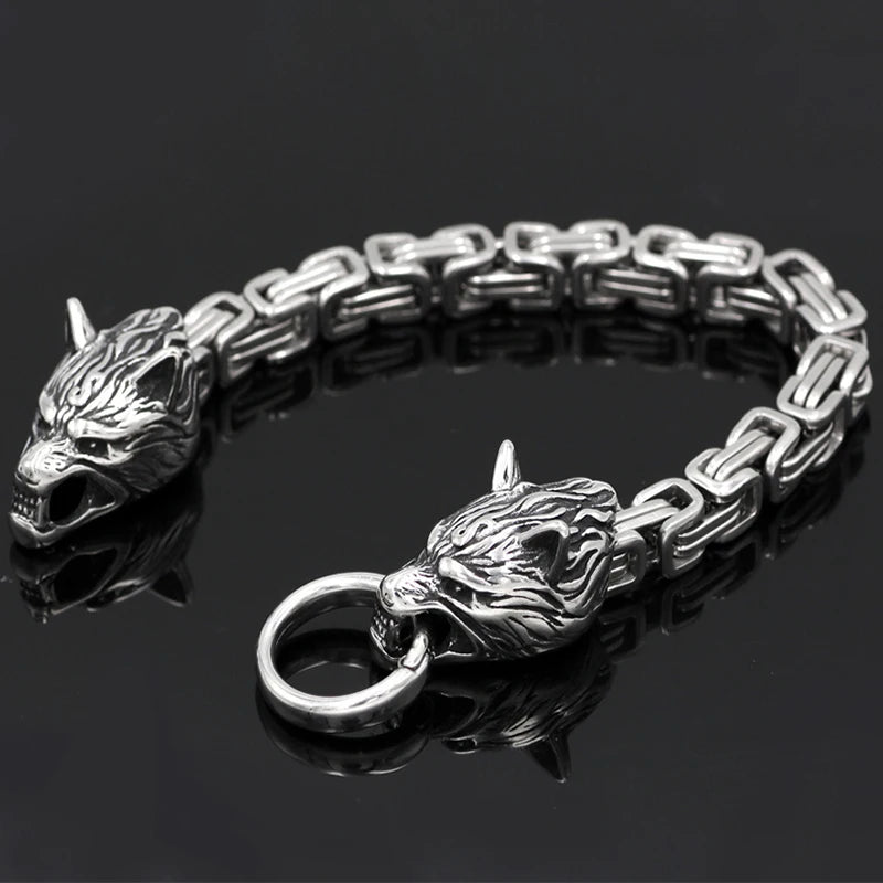 Men's Stainless Steel Viking Wolf Head Bracelet Vintage Personality Thick Chain Biker Punk Hip Hop Wristband Jewelry Gift