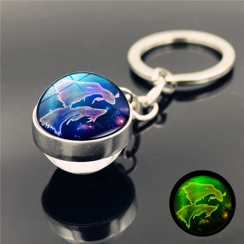 Zodiac Keychain Charm Constellation Time Gem Stone Glass Glowing Pendant Key Chains Purple Horoscope Keyring Birthday Gifts