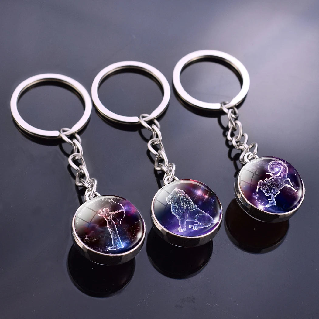 Glowing 12 Constellation Keychain Luminous Glass Ball Pendant Zodiac Key Rings Jewelry Birthday Gift Scorpio Leo Libra Keyrings