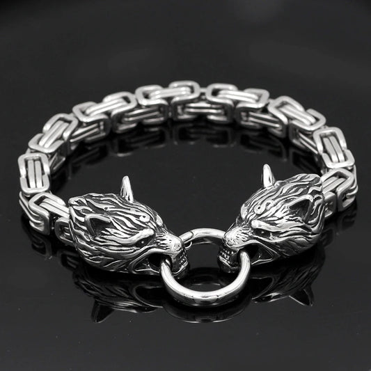 Men's Stainless Steel Viking Wolf Head Bracelet Vintage Personality Thick Chain Biker Punk Hip Hop Wristband Jewelry Gift