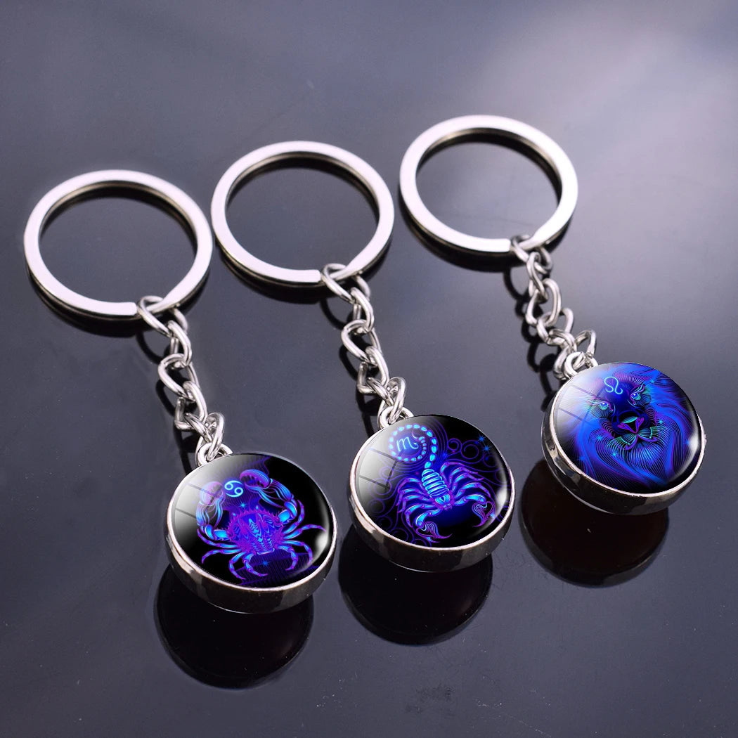 Glowing 12 Constellation Keychain Luminous Glass Ball Pendant Zodiac Key Rings Jewelry Birthday Gift Scorpio Leo Libra Keyrings