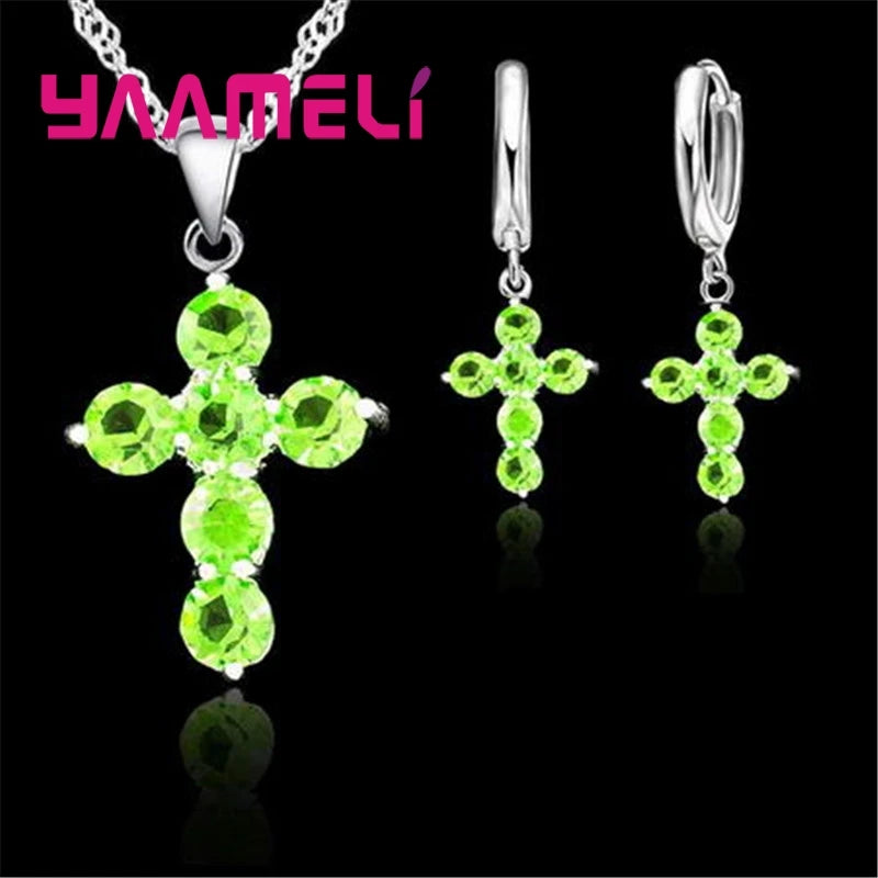 925 Sterling Silver Austrian Crystal Cross Pendant Necklace Hoop Earrings Jewelry Sets Shining AAA Zircon 10 Colors