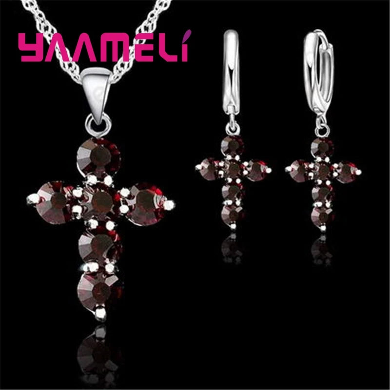 925 Sterling Silver Austrian Crystal Cross Pendant Necklace Hoop Earrings Jewelry Sets Shining AAA Zircon 10 Colors