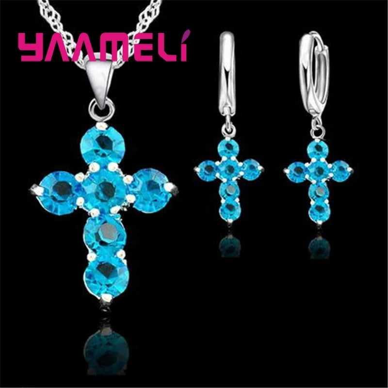 925 Sterling Silver Austrian Crystal Cross Pendant Necklace Hoop Earrings Jewelry Sets Shining AAA Zircon 10 Colors