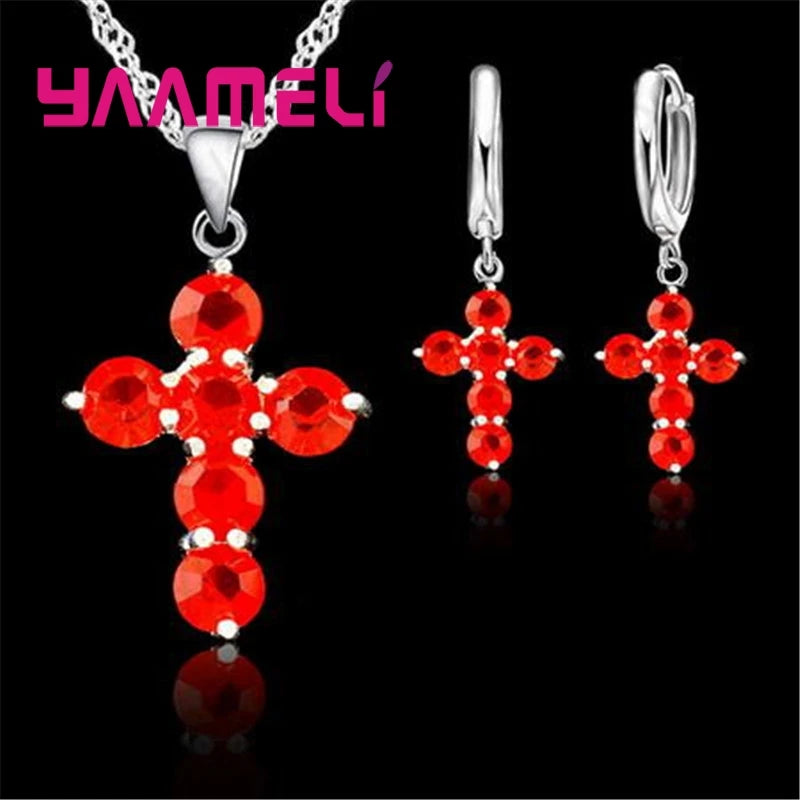 925 Sterling Silver Austrian Crystal Cross Pendant Necklace Hoop Earrings Jewelry Sets Shining AAA Zircon 10 Colors