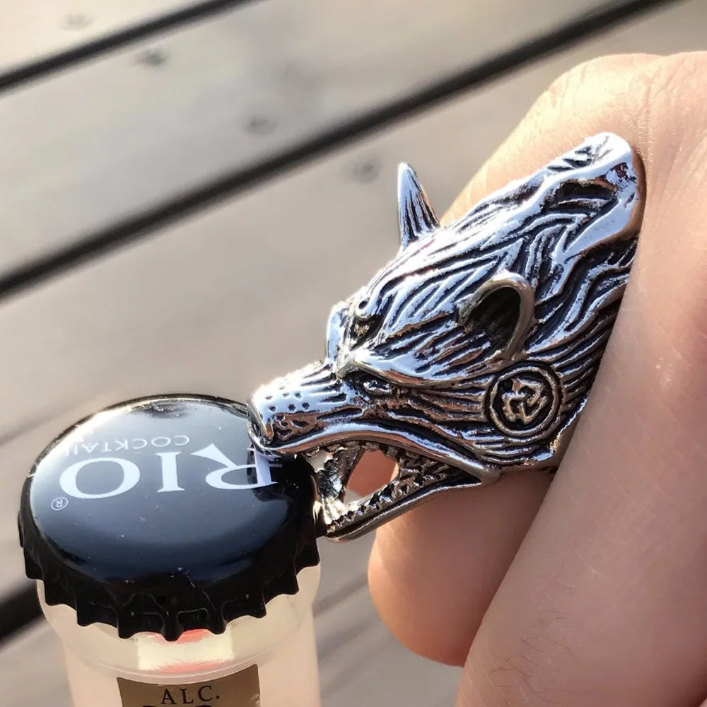 Fashion Biker Jewelry Unique Design Norse Viking Wolf Ring Bottle Opener Bague Femme Stainless Steel Rings For Women Men