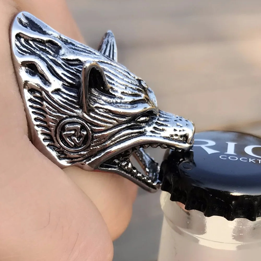 Fashion Biker Jewelry Unique Design Norse Viking Wolf Ring Bottle Opener Bague Femme Stainless Steel Rings For Women Men