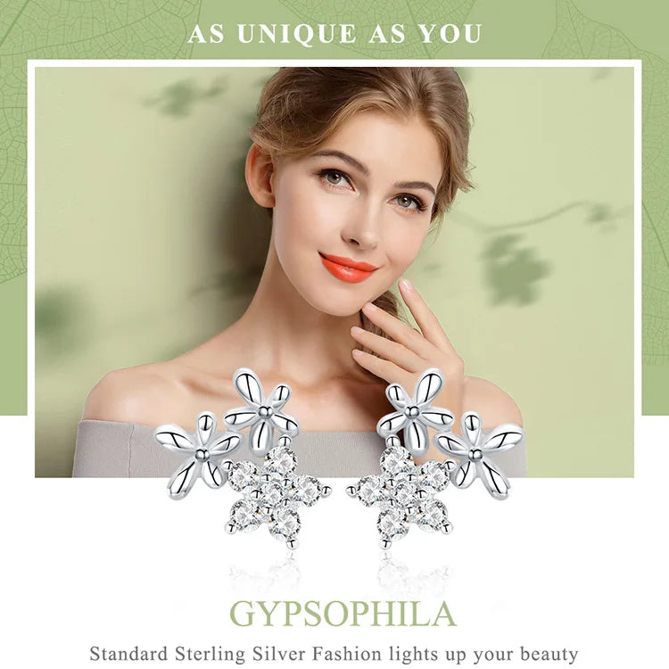 BAMOER Authentic 925 Sterling Silver Luminous Gypsophila Star Flower Stud Earrings for Women Sterling Silver Jewelry BSE030