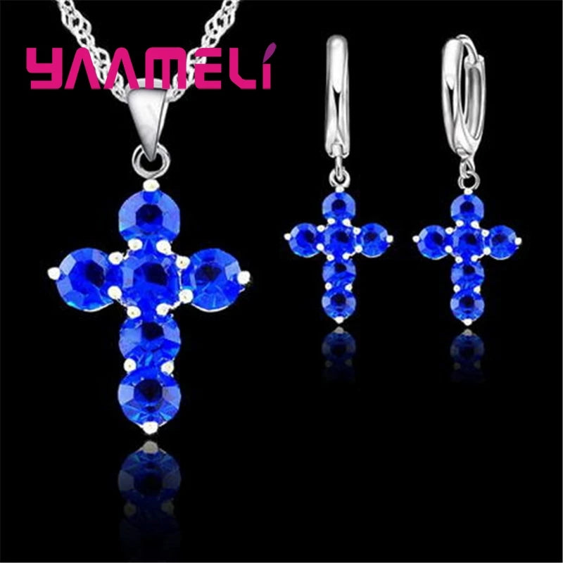 925 Sterling Silver Austrian Crystal Cross Pendant Necklace Hoop Earrings Jewelry Sets Shining AAA Zircon 10 Colors