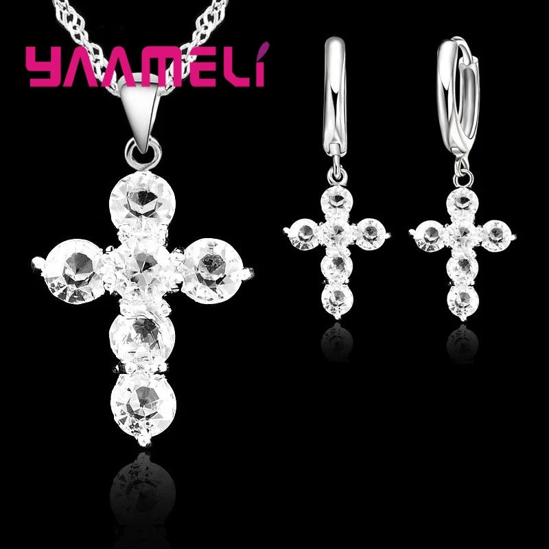 925 Sterling Silver Austrian Crystal Cross Pendant Necklace Hoop Earrings Jewelry Sets Shining AAA Zircon 10 Colors