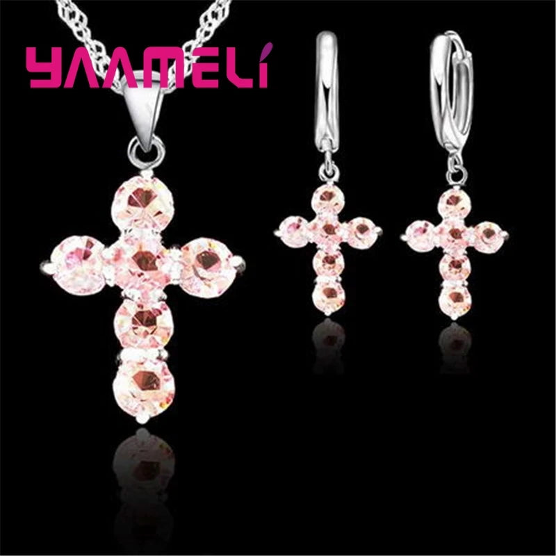 925 Sterling Silver Austrian Crystal Cross Pendant Necklace Hoop Earrings Jewelry Sets Shining AAA Zircon 10 Colors