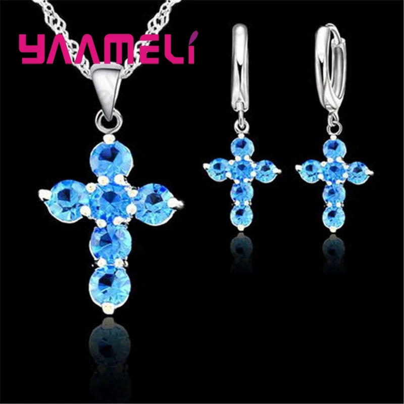 925 Sterling Silver Austrian Crystal Cross Pendant Necklace Hoop Earrings Jewelry Sets Shining AAA Zircon 10 Colors