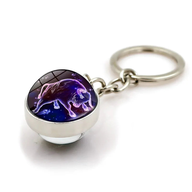 Zodiac Keychain Charm Constellation Time Gem Stone Glass Glowing Pendant Key Chains Purple Horoscope Keyring Birthday Gifts