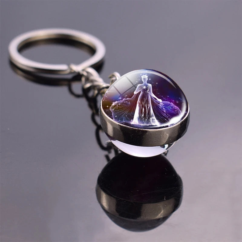 Glowing 12 Constellation Keychain Luminous Glass Ball Pendant Zodiac Key Rings Jewelry Birthday Gift Scorpio Leo Libra Keyrings