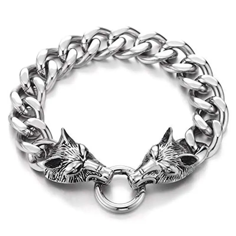 Punk  Domineering Fierce Double Wolf Head Bracelet Cuban Chain Men's Personality Rock Trend Party Jewelry Gift