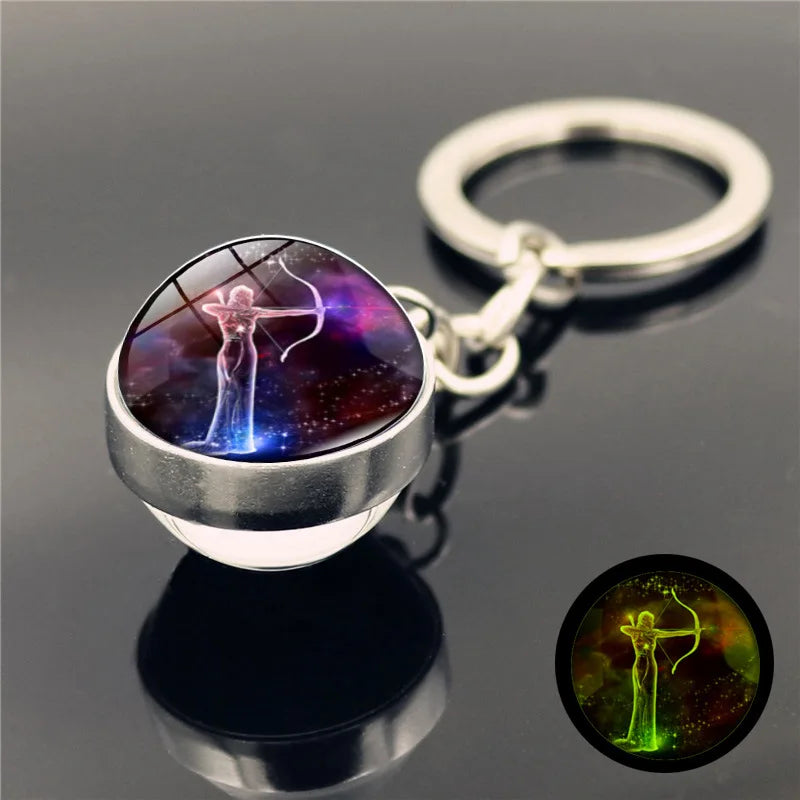 Zodiac Keychain Charm Constellation Time Gem Stone Glass Glowing Pendant Key Chains Purple Horoscope Keyring Birthday Gifts