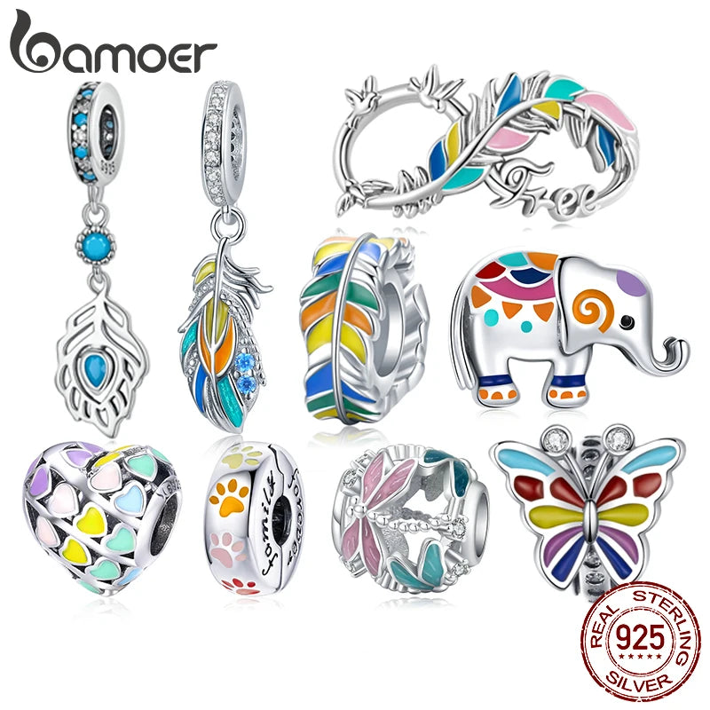 Bamoer 925 Sterling Silver MultiColor Enamel Peacock Feather Pendant Charms Eternity Bead for Women Bracelet & Bangle