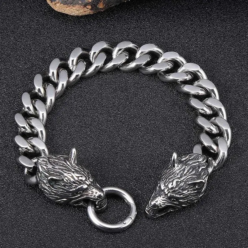 Punk  Domineering Fierce Double Wolf Head Bracelet Cuban Chain Men's Personality Rock Trend Party Jewelry Gift