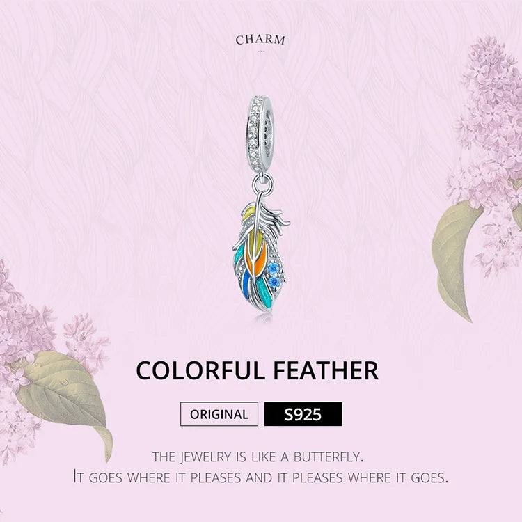 Bamoer 925 Sterling Silver MultiColor Enamel Peacock Feather Pendant Charms Eternity Bead for Women Bracelet & Bangle