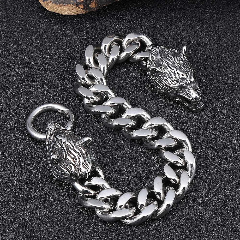 Punk  Domineering Fierce Double Wolf Head Bracelet Cuban Chain Men's Personality Rock Trend Party Jewelry Gift