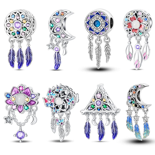 New 925 Sterling Silver Butterfly Dreamcatcher Tassel Charms Pendant Feather Bead Fit Pandora 925 Original Bracelets DIY Jewelry