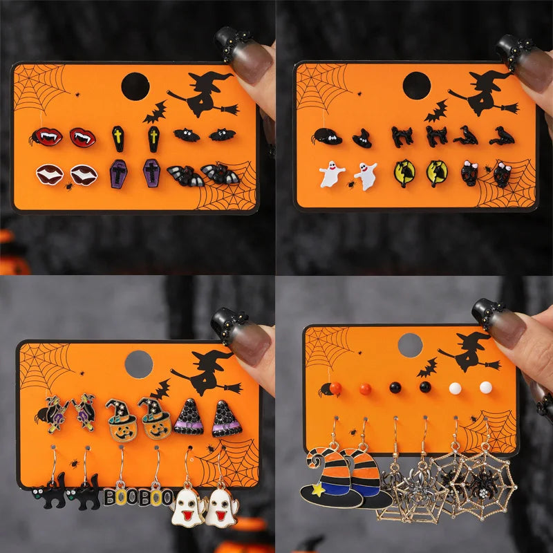 Halloween 6 Pairs Combination Stud Earrings For Women Girl Black Skeleton Spider Ghost Pumpkin Bat Funny Earring Party Jewelry