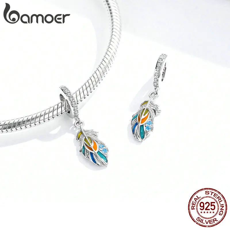 Bamoer 925 Sterling Silver MultiColor Enamel Peacock Feather Pendant Charms Eternity Bead for Women Bracelet & Bangle