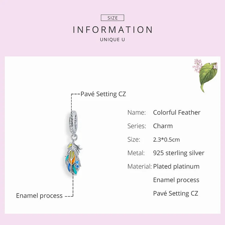 Bamoer 925 Sterling Silver MultiColor Enamel Peacock Feather Pendant Charms Eternity Bead for Women Bracelet & Bangle