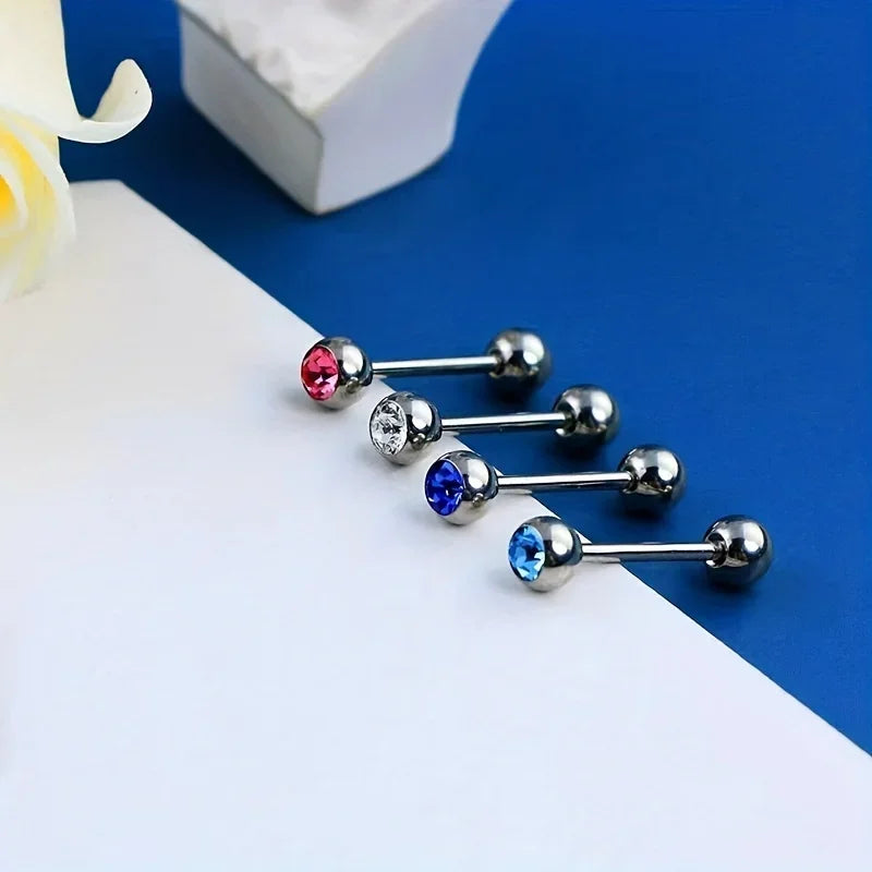 10pcs 14 Gauge With Rhinestone Straight Barbell Metal Tongue Piercing Jewelry ，Stainless Steel Tongue Rings, 12 -18mm Available