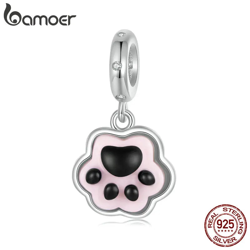 BAMOER 2024 New Solid 925 Sterling Silver Cute Pet Paws Charm Bead fit Charm Bracelet Jewelry DIY 925 Bamoer Charm SCC2877