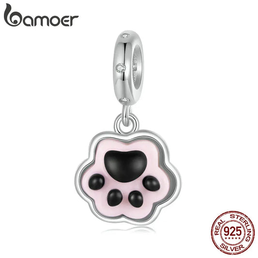 BAMOER 2024 New Solid 925 Sterling Silver Cute Pet Paws Charm Bead fit Charm Bracelet Jewelry DIY 925 Bamoer Charm SCC2877