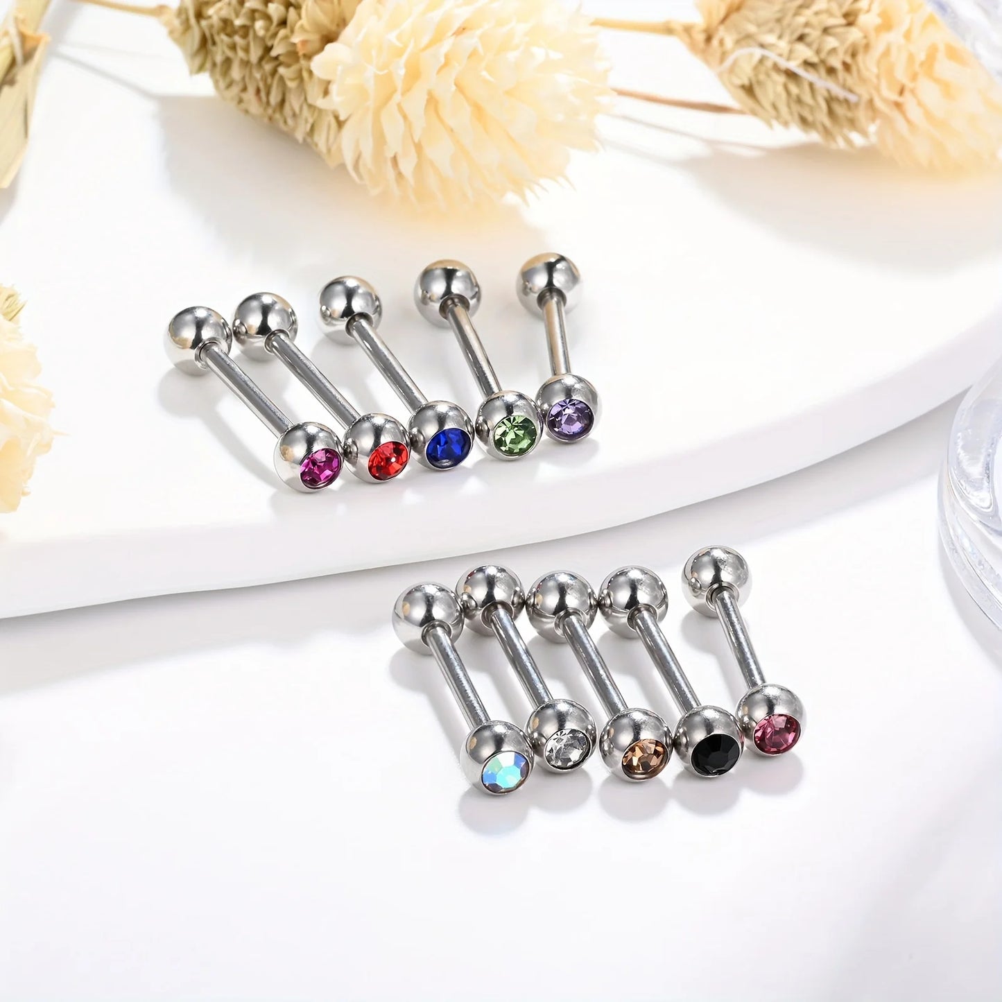 10pcs 14 Gauge With Rhinestone Straight Barbell Metal Tongue Piercing Jewelry ，Stainless Steel Tongue Rings, 12 -18mm Available