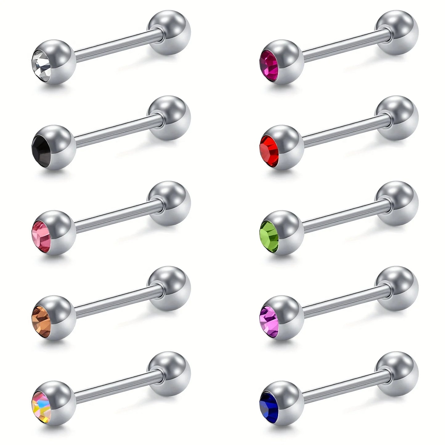 10pcs 14 Gauge With Rhinestone Straight Barbell Metal Tongue Piercing Jewelry ，Stainless Steel Tongue Rings, 12 -18mm Available