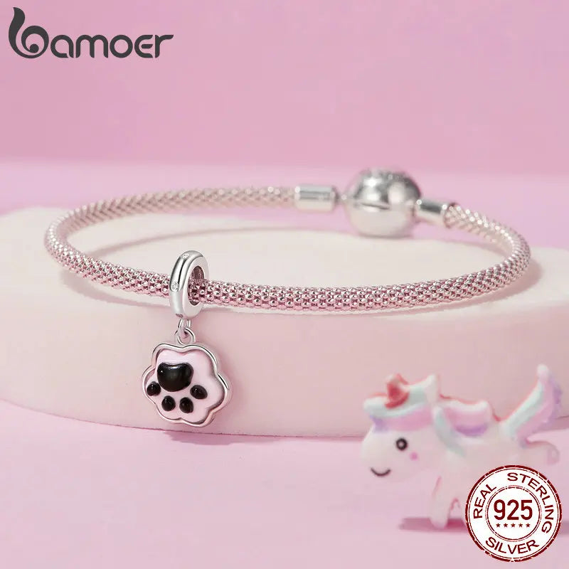 BAMOER 2024 New Solid 925 Sterling Silver Cute Pet Paws Charm Bead fit Charm Bracelet Jewelry DIY 925 Bamoer Charm SCC2877