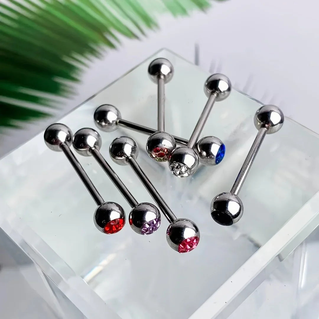 10pcs 14 Gauge With Rhinestone Straight Barbell Metal Tongue Piercing Jewelry ，Stainless Steel Tongue Rings, 12 -18mm Available