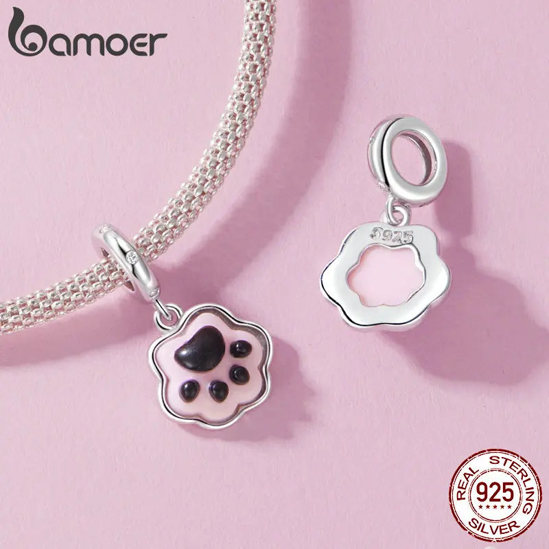 BAMOER 2024 New Solid 925 Sterling Silver Cute Pet Paws Charm Bead fit Charm Bracelet Jewelry DIY 925 Bamoer Charm SCC2877