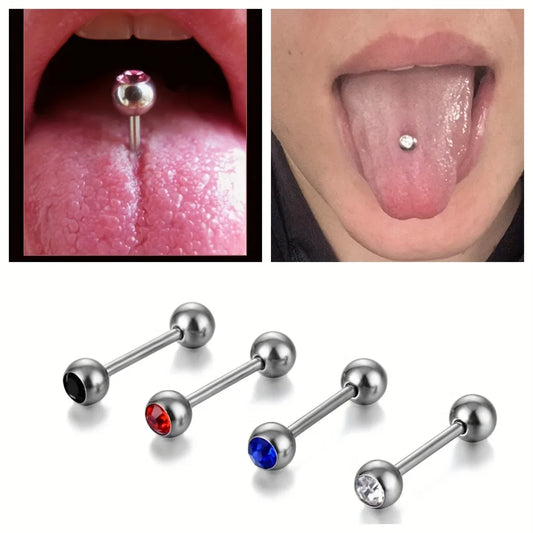 10pcs 14 Gauge With Rhinestone Straight Barbell Metal Tongue Piercing Jewelry ，Stainless Steel Tongue Rings, 12 -18mm Available