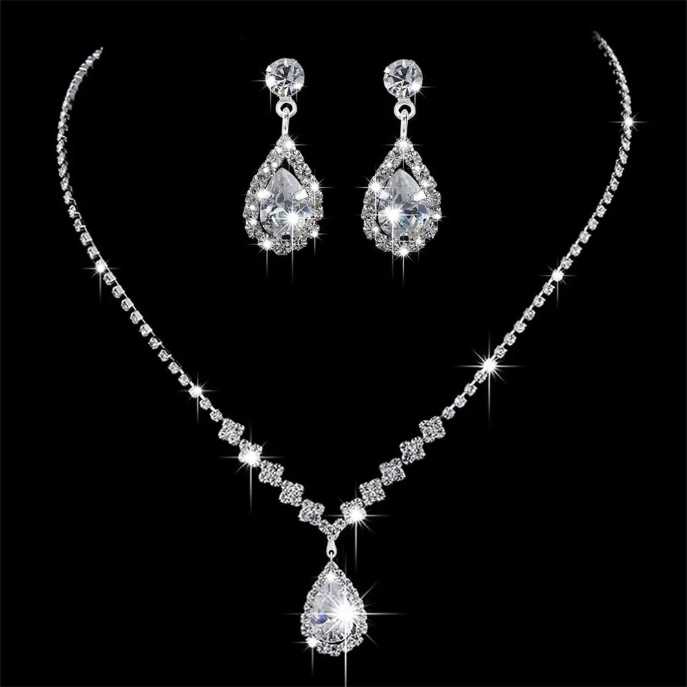 Fashion Rhinestone Necklace Earrings Set For Women Diamond Zircon Elegant Luxury Wedding Bride Party Jewelry Gifts Accessories