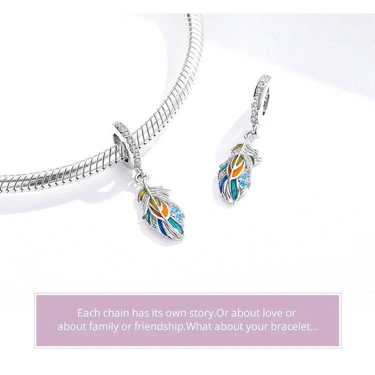 Bamoer 925 Sterling Silver MultiColor Enamel Peacock Feather Pendant Charms Eternity Bead for Women Bracelet & Bangle